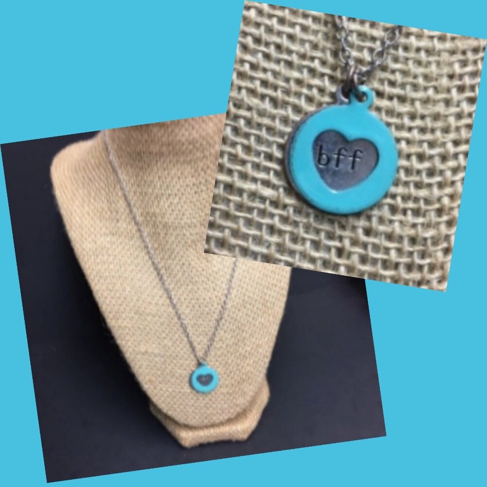 BFF Double Pendant Necklace As Is 16 In bff Turquoise Heart Silver Retro Vintage